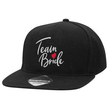 Team Bride red heart, Adult Flat Snapback Hat Black, (100% COTTON TWILL, ADULT, UNISEX, ONE SIZE)