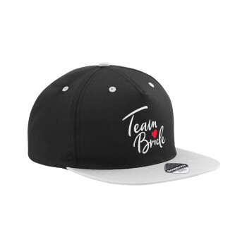 Team Bride red heart, Adult Flat Snapback Hat Black/Grey, (100% COTTON TWILL, ADULT, UNISEX, ONE SIZE)