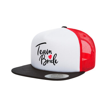 Team Bride red heart, Καπέλο Ενηλίκων Foam Flat Snapback με Δίχτυ Μαύρο-Λευκό-Κόκκινο (POLYESTER, ΕΝΗΛΙΚΩΝ, UNISEX, ONE SIZE)