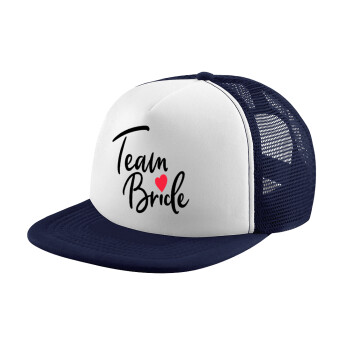 Team Bride red heart, Adult Soft Trucker Hat with Dark Blue/White Mesh (POLYESTER, ADULT, UNISEX, ONE SIZE)