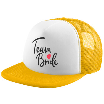 Team Bride red heart, Adult Soft Trucker Hat with Yellow/White Mesh (POLYESTER, ADULT, UNISEX, ONE SIZE)