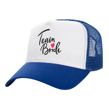 Team Bride red heart, Adult Structured Trucker Hat, with Mesh, WHITE/BLUE (100% COTTON, ADULT, UNISEX, ONE SIZE)