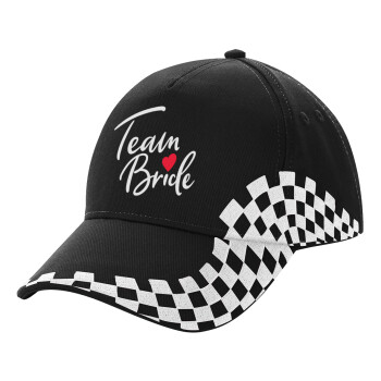 Team Bride red heart, Adult Ultimate BLACK RACING Cap, (100% COTTON DRILL, ADULT, UNISEX, ONE SIZE)