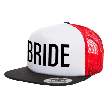 BRIDE, Adult Foam Flat Snapback with Mesh Black-White-Red (POLYESTER, ADULT, UNISEX, ONE SIZE)