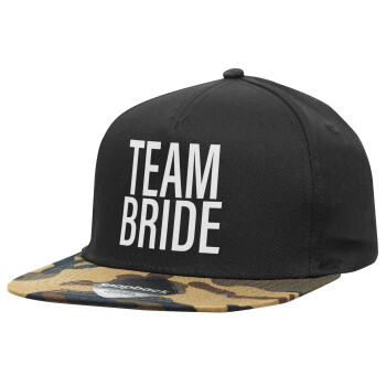 TEAM BRIDE, Adult Flat Snapback Hat Black/Camouflage, (100% COTTON TWILL, ADULT, UNISEX, ONE SIZE)