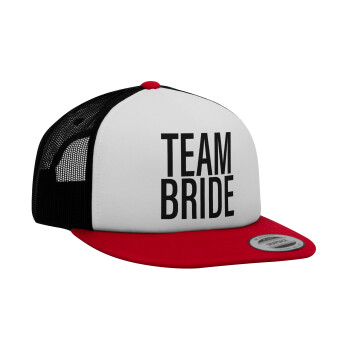 TEAM BRIDE, Adult Foam Flat Snapback with Mesh Red-White-Black (POLYESTER, ADULT, UNISEX, ONE SIZE)