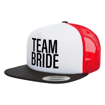 TEAM BRIDE, Adult Foam Flat Snapback with Mesh Black-White-Red (POLYESTER, ADULT, UNISEX, ONE SIZE)