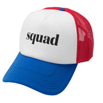 Squad display, Adult Soft Trucker Hat with Red/Blue/White Mesh (POLYESTER, ADULT, UNISEX, ONE SIZE)