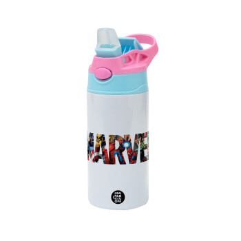 MARVEL characters, Children's hot water bottle, stainless steel, with safety straw, Pink/BlueCiel (360ml) BPA FREE