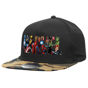 MARVEL characters, Adult Flat Snapback Hat Black/Camouflage, (100% COTTON TWILL, ADULT, UNISEX, ONE SIZE)