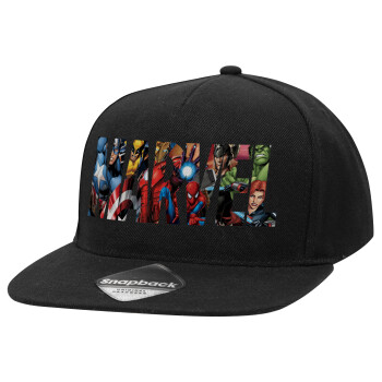 MARVEL characters, Adult Flat Snapback Hat Black, (100% COTTON TWILL, ADULT, UNISEX, ONE SIZE)