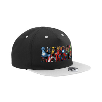 MARVEL characters, Adult Flat Snapback Hat Black/Grey, (100% COTTON TWILL, ADULT, UNISEX, ONE SIZE)