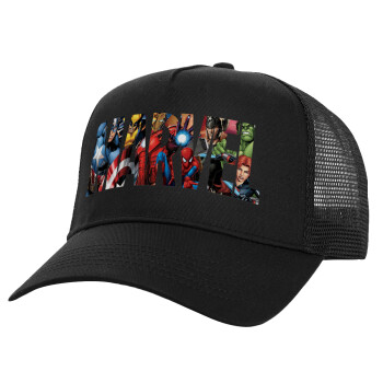 MARVEL characters, Structured Trucker Adult Hat, with Mesh, Black (100% COTTON, ADULT, UNISEX, ONE SIZE)