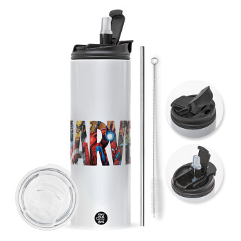 MARVEL characters, Travel Tumbler θερμό με διπλό καπάκι, μεταλλικό καλαμάκι και βούρτσα καθαρισμού (Ανωξείδωτο 304 Food grade, BPA free, 600ml)