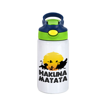 Hakuna Matata, Children's hot water bottle, stainless steel, with safety straw, green, blue (350ml)