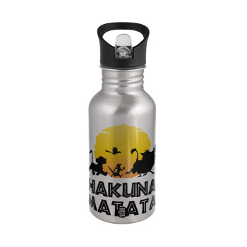 Hakuna Matata, Water bottle Silver with straw, stainless steel 500ml