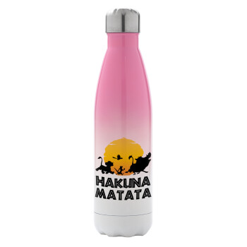 Hakuna Matata, Μεταλλικό παγούρι θερμός Ροζ/Λευκό (Stainless steel), διπλού τοιχώματος, 500ml