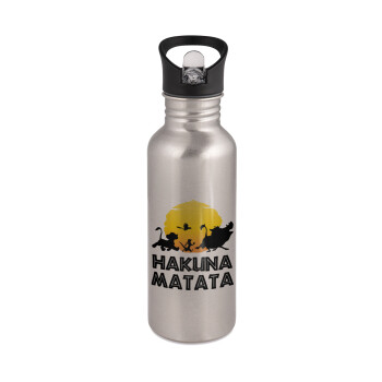 Hakuna Matata, Water bottle Silver with straw, stainless steel 600ml
