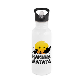 Hakuna Matata, White water bottle with straw, stainless steel 600ml