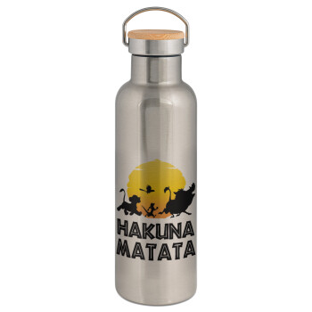 Hakuna Matata, Μεταλλικό παγούρι θερμός (Stainless steel) Ασημένιο με ξύλινο καπακι (bamboo), διπλού τοιχώματος, 750ml