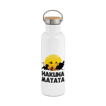 Hakuna Matata, Stainless steel White with wooden lid (bamboo), double wall, 750ml