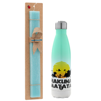 Hakuna Matata, Easter Set, Metallic green/white thermos (Stainless steel), double-walled, 500ml & scented flat Easter candle (30cm) (TURQUOISE)