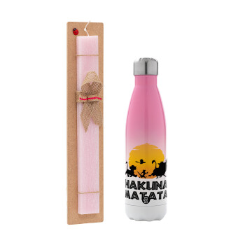 Hakuna Matata, Easter Set, Metallic pink/white (Stainless steel) thermos, double-walled, 500ml & aromatic flat Easter candle (30cm) (PINK)