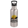 Water bottle Silver with straw, stainless steel 600ml