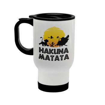 Hakuna Matata, Κούπα ταξιδιού ανοξείδωτη με καπάκι, διπλού τοιχώματος (θερμό) λευκή 450ml
