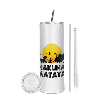 Hakuna Matata, Tumbler ποτήρι θερμό από ανοξείδωτο ατσάλι 600ml, με μεταλλικό καλαμάκι & βούρτσα καθαρισμού