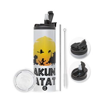 Hakuna Matata, Travel Tumbler θερμό με διπλό καπάκι, μεταλλικό καλαμάκι και βούρτσα καθαρισμού (Ανωξείδωτο 304 Food grade, BPA free, 600ml)