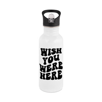 Wish you were here, White water bottle with straw, stainless steel 600ml