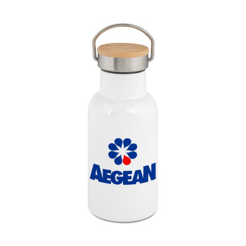 Πρατήριο καυσίμων AEGEAN, Metallic thermos (Stainless steel) White with wooden lid (bamboo), double-walled, 350ml