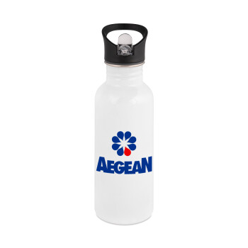 Πρατήριο καυσίμων AEGEAN, White water bottle with straw, stainless steel 600ml