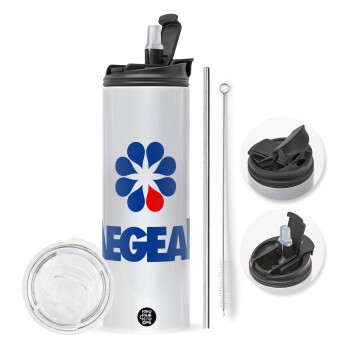 Πρατήριο καυσίμων AEGEAN, Travel Tumbler θερμό με διπλό καπάκι, μεταλλικό καλαμάκι και βούρτσα καθαρισμού (Ανωξείδωτο 304 Food grade, BPA free, 600ml)