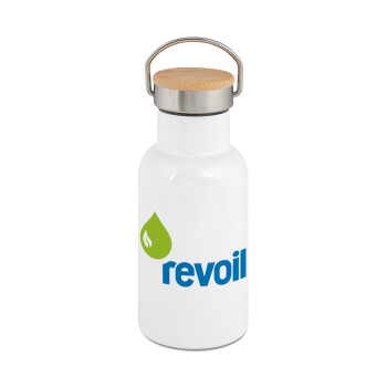 Πρατήριο καυσίμων REVOIL, Metallic thermos (Stainless steel) White with wooden lid (bamboo), double-walled, 350ml