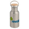 Stainless steel metallic thermos flask, silver with a bamboo lid, double-walled, 350ml.