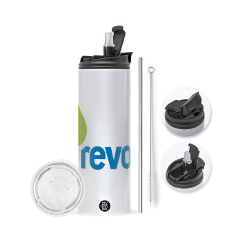 Πρατήριο καυσίμων REVOIL, Travel Tumbler θερμό με διπλό καπάκι, μεταλλικό καλαμάκι και βούρτσα καθαρισμού (Ανωξείδωτο 304 Food grade, BPA free, 600ml)