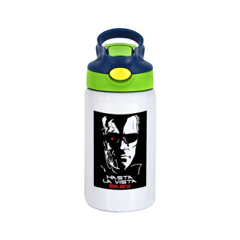 Terminator Hasta La Vista, Children's hot water bottle, stainless steel, with safety straw, green, blue (350ml)