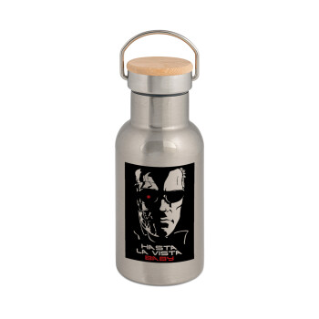 Terminator Hasta La Vista, Stainless steel metallic thermos flask, silver with a bamboo lid, double-walled, 350ml.