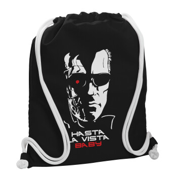 Terminator Hasta La Vista, Backpack pouch GYMBAG Black, with pocket (40x48cm) & thick white cords