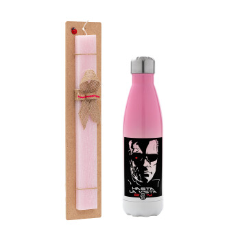 Terminator Hasta La Vista, Easter Set, Metallic pink/white (Stainless steel) thermos, double-walled, 500ml & aromatic flat Easter candle (30cm) (PINK)