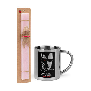 Terminator Hasta La Vista, Easter Set, metallic thermal cup (300ml) & aromatic flat Easter candle (30cm) (PINK)