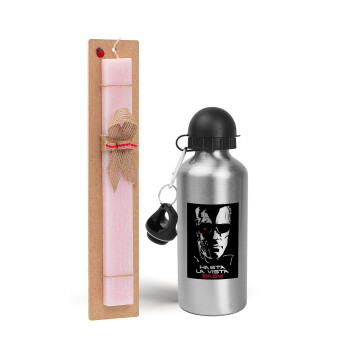 Terminator Hasta La Vista, Easter Set, metallic Silver aluminum water bottle (500ml) & scented flat Easter candle (30cm) (PINK)