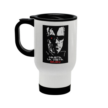 Terminator Hasta La Vista, Stainless steel travel mug with lid, double wall white 450ml