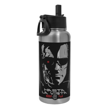 Terminator Hasta La Vista, Metal mug thermo Silver with Straw and Spout Lid (Stainless steel), double wall, 950ml