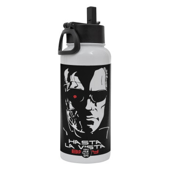 Terminator Hasta La Vista, Metal mug thermo White with Straw and Spout Lid (Stainless steel), double wall, 950ml