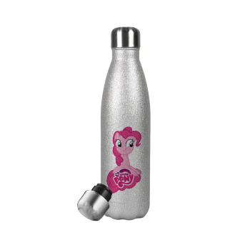 My Little Pony, Μεταλλικό παγούρι θερμός Glitter Aσημένιο (Stainless steel), διπλού τοιχώματος, 500ml