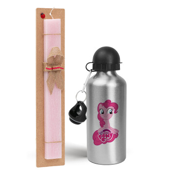 My Little Pony, Easter Set, metallic Silver aluminum water bottle (500ml) & scented flat Easter candle (30cm) (PINK)