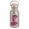 Stainless steel metallic thermos flask, silver with a bamboo lid, double-walled, 350ml.